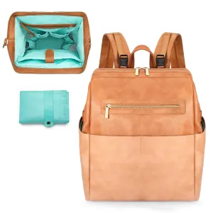 MOMINSIDE Diaper Bag Backpack, Baby Bag Leather with 16 Pockets, Large Baby Diaper bag for Mom, Fits 15 Inch Laptop, 4 Insulated Pockets, Changing Pad, Brown