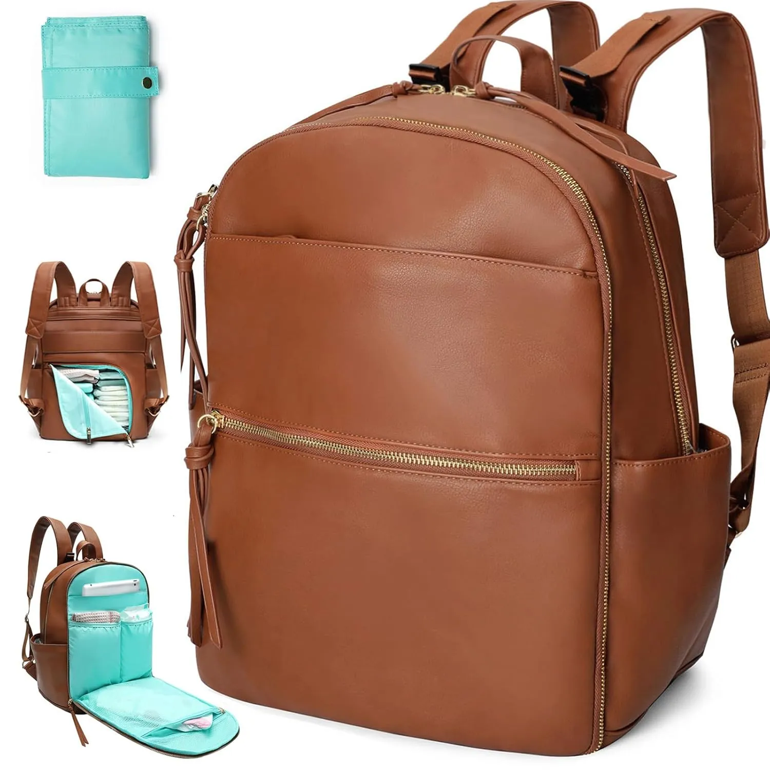 MOMINSIDE Diaper Bag Backpack with 6 Insulated Pockets, Leather Diaper Bag, Large Baby Bag for Mom, Baby Registry, 18 Pockets, Changing Pad, Stroller Straps (Brown)