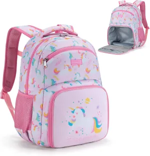 mommore 2-in-1 Kids Backpack, Insulated Lunch Compartment Unicorn Toddler Backpack Kindergarten Preschool Bookbag for Girls, Lightweight Daycare Backpack with Chest Strap, Pink