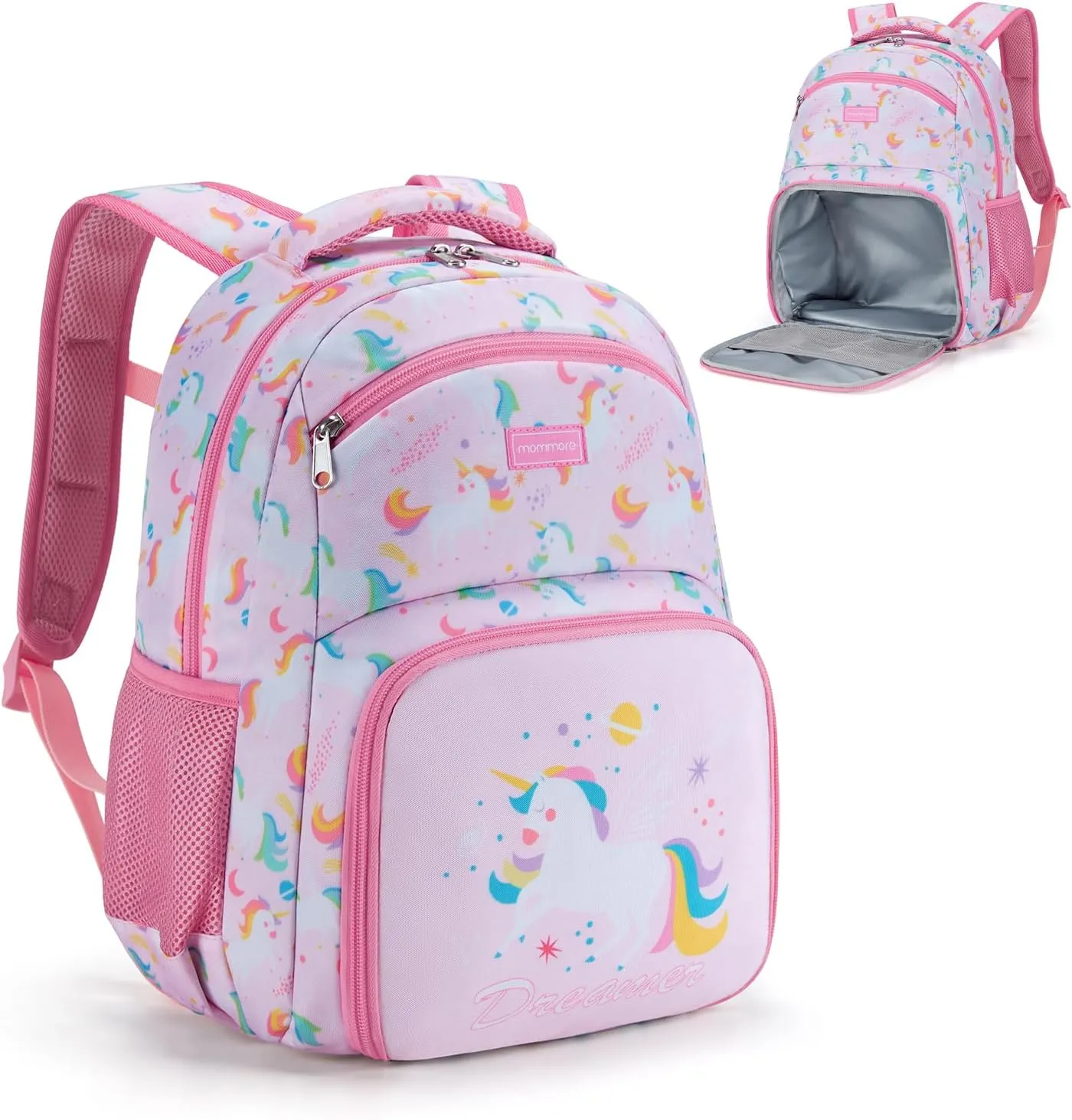 mommore 2-in-1 Kids Backpack, Insulated Lunch Compartment Unicorn Toddler Backpack Kindergarten Preschool Bookbag for Girls, Lightweight Daycare Backpack with Chest Strap, Pink
