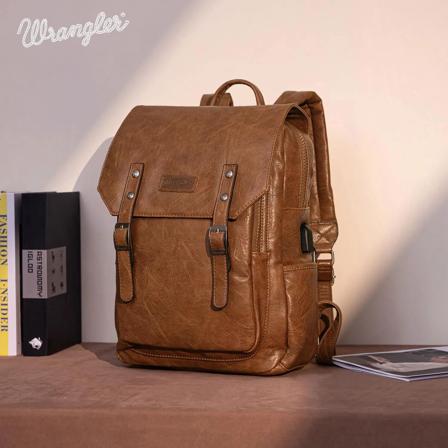 Montana West × Wrangler Brown Leather Laptop Backpack Purse Women and Men Unisex Fashion Backpack