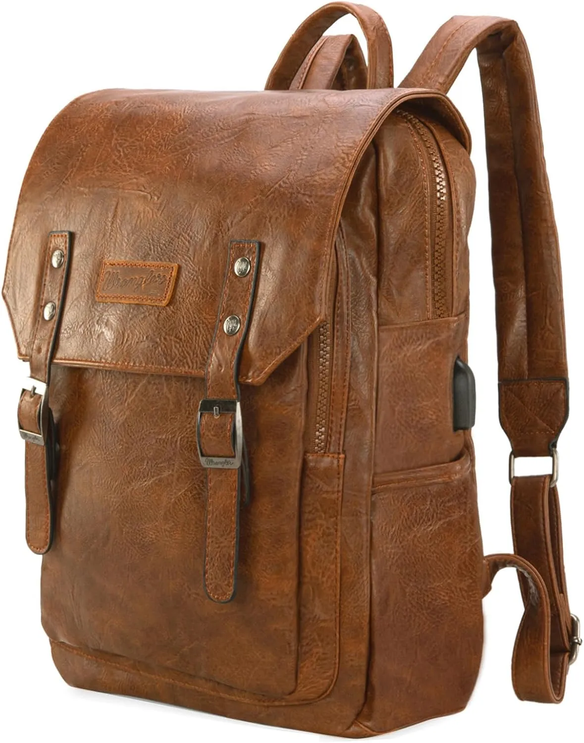 Montana West × Wrangler Brown Leather Laptop Backpack Purse Women and Men Unisex Fashion Backpack