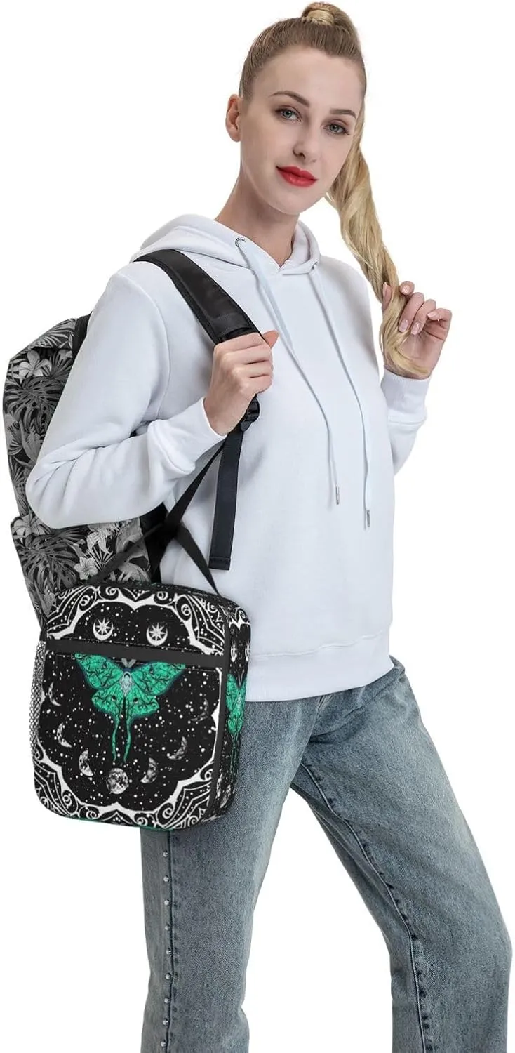 Moth Moon Phase Witchy Psychedelic Eyes Moon Stars Insulated Lunch Bag Portable Reusable Zipper Lunch Box For Men Women Work Picnic Travel Camping