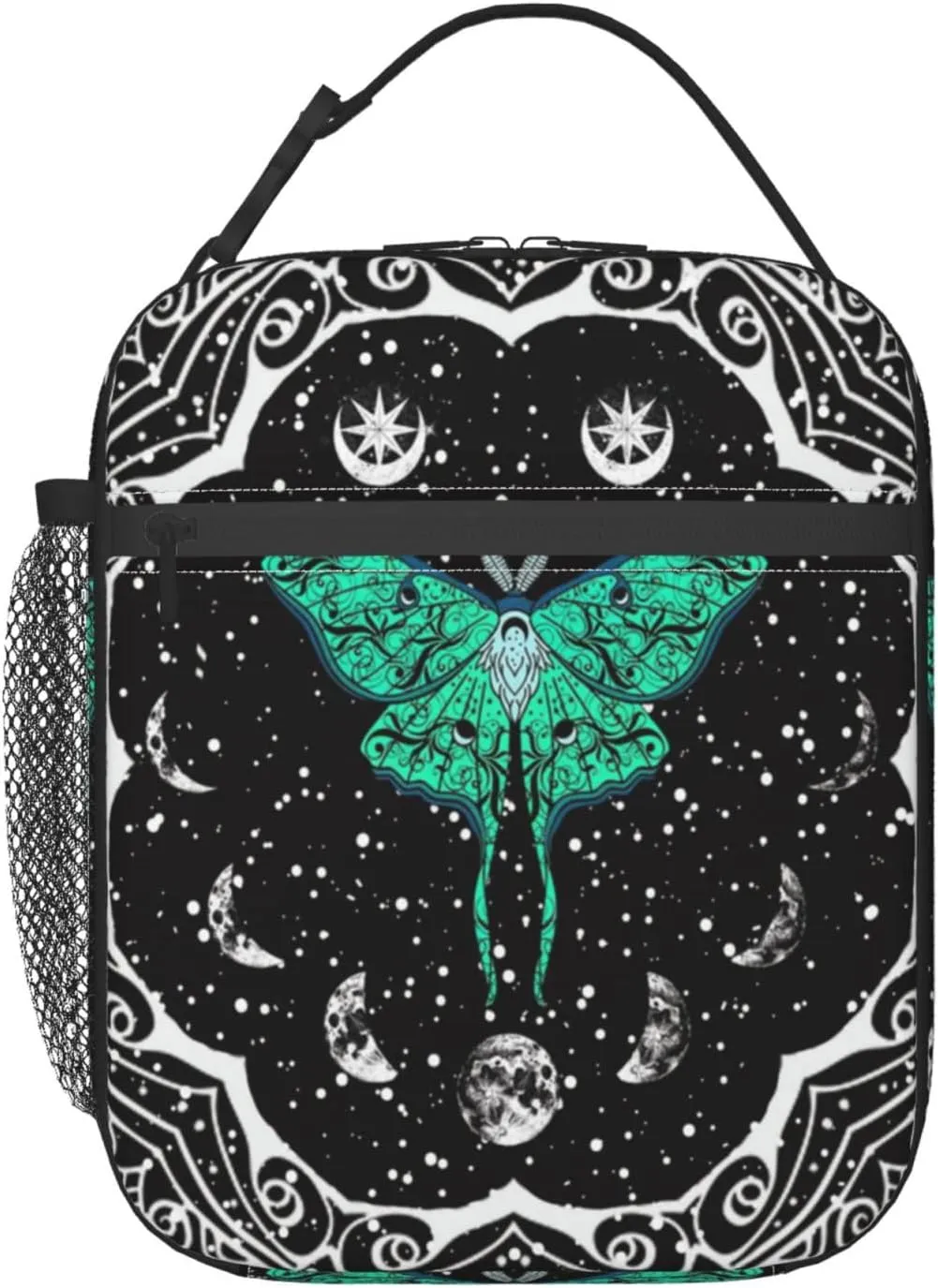 Moth Moon Phase Witchy Psychedelic Eyes Moon Stars Insulated Lunch Bag Portable Reusable Zipper Lunch Box For Men Women Work Picnic Travel Camping