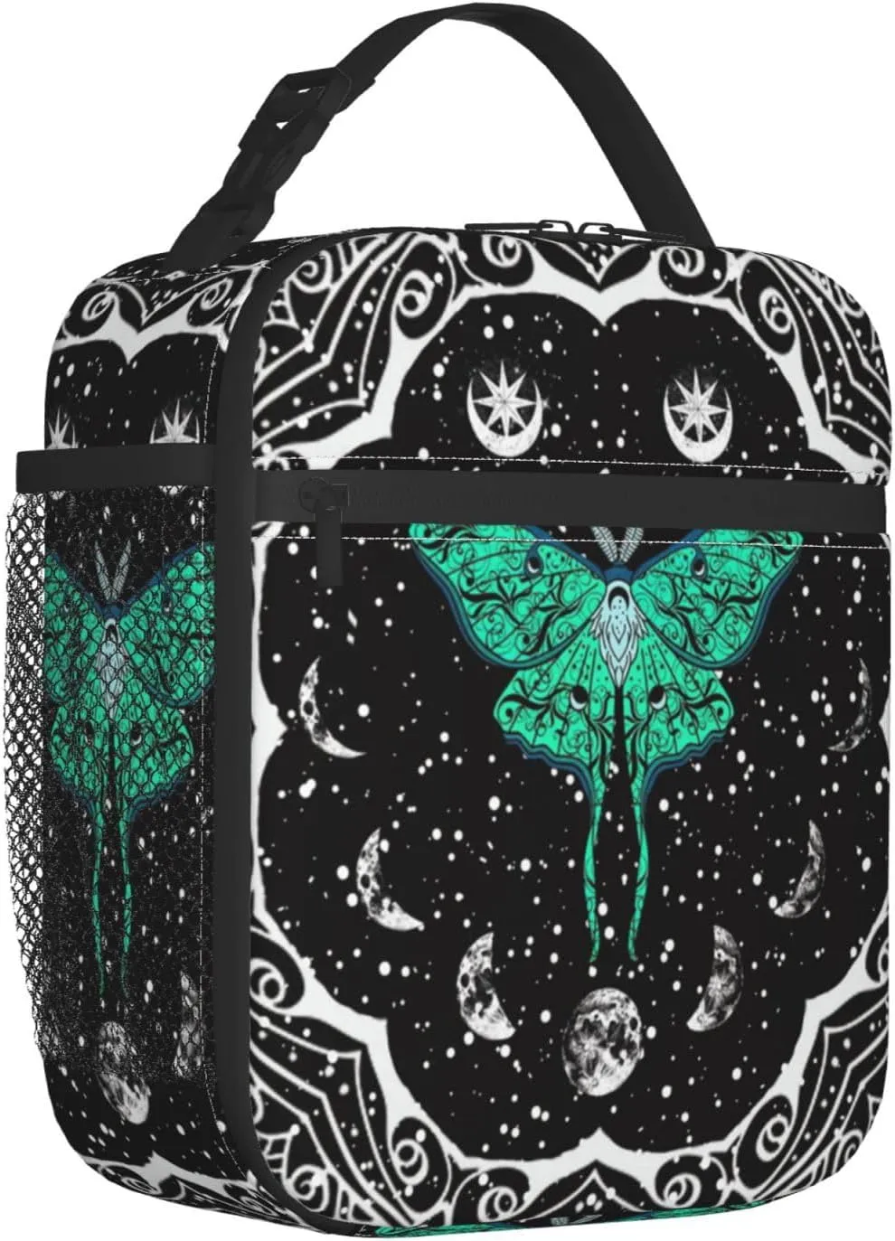 Moth Moon Phase Witchy Psychedelic Eyes Moon Stars Insulated Lunch Bag Portable Reusable Zipper Lunch Box For Men Women Work Picnic Travel Camping