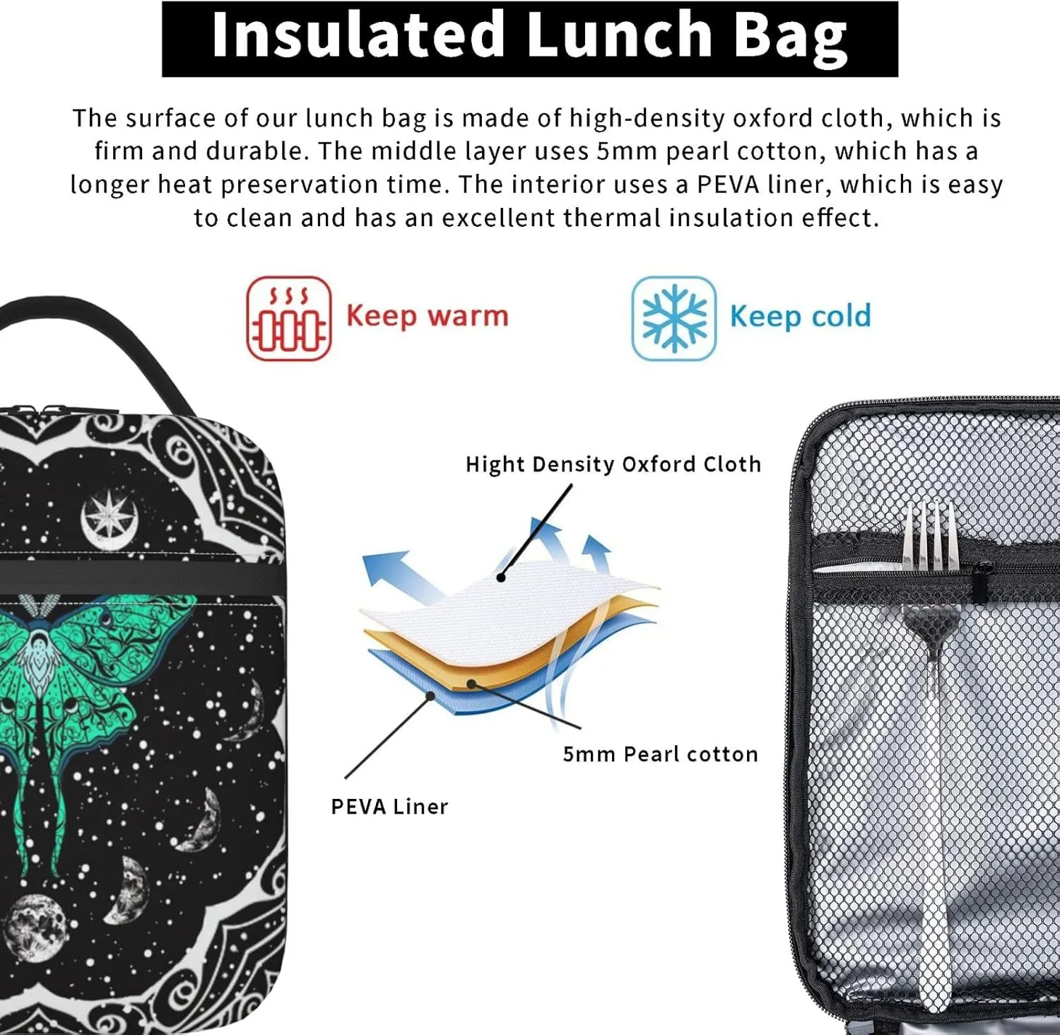 Moth Moon Phase Witchy Psychedelic Eyes Moon Stars Insulated Lunch Bag Portable Reusable Zipper Lunch Box For Men Women Work Picnic Travel Camping