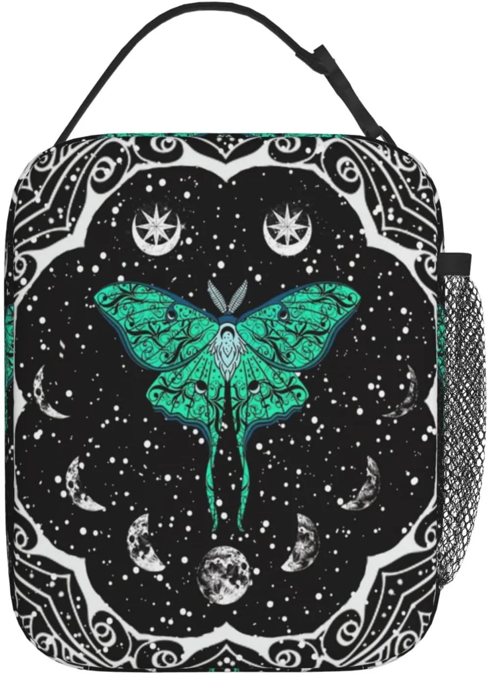 Moth Moon Phase Witchy Psychedelic Eyes Moon Stars Insulated Lunch Bag Portable Reusable Zipper Lunch Box For Men Women Work Picnic Travel Camping