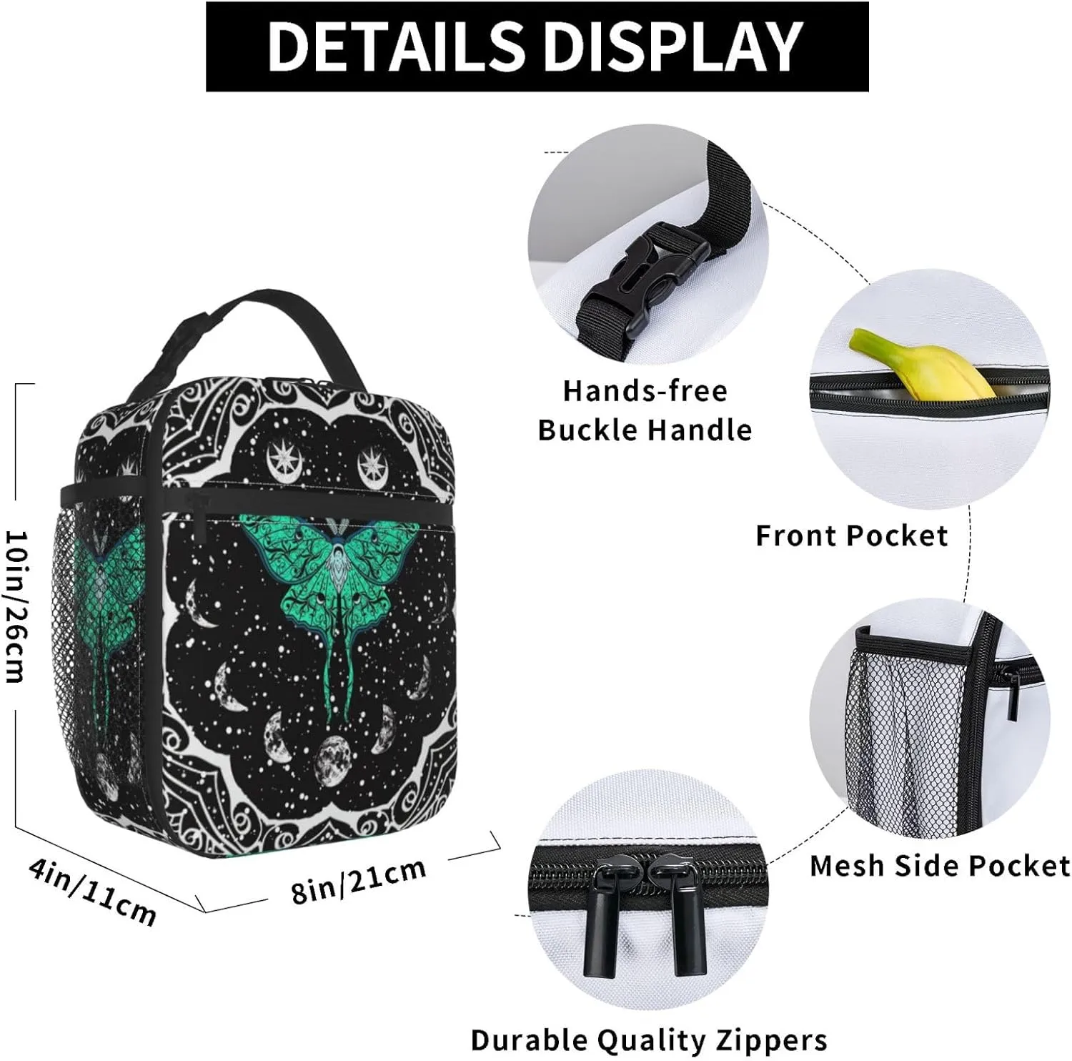 Moth Moon Phase Witchy Psychedelic Eyes Moon Stars Insulated Lunch Bag Portable Reusable Zipper Lunch Box For Men Women Work Picnic Travel Camping