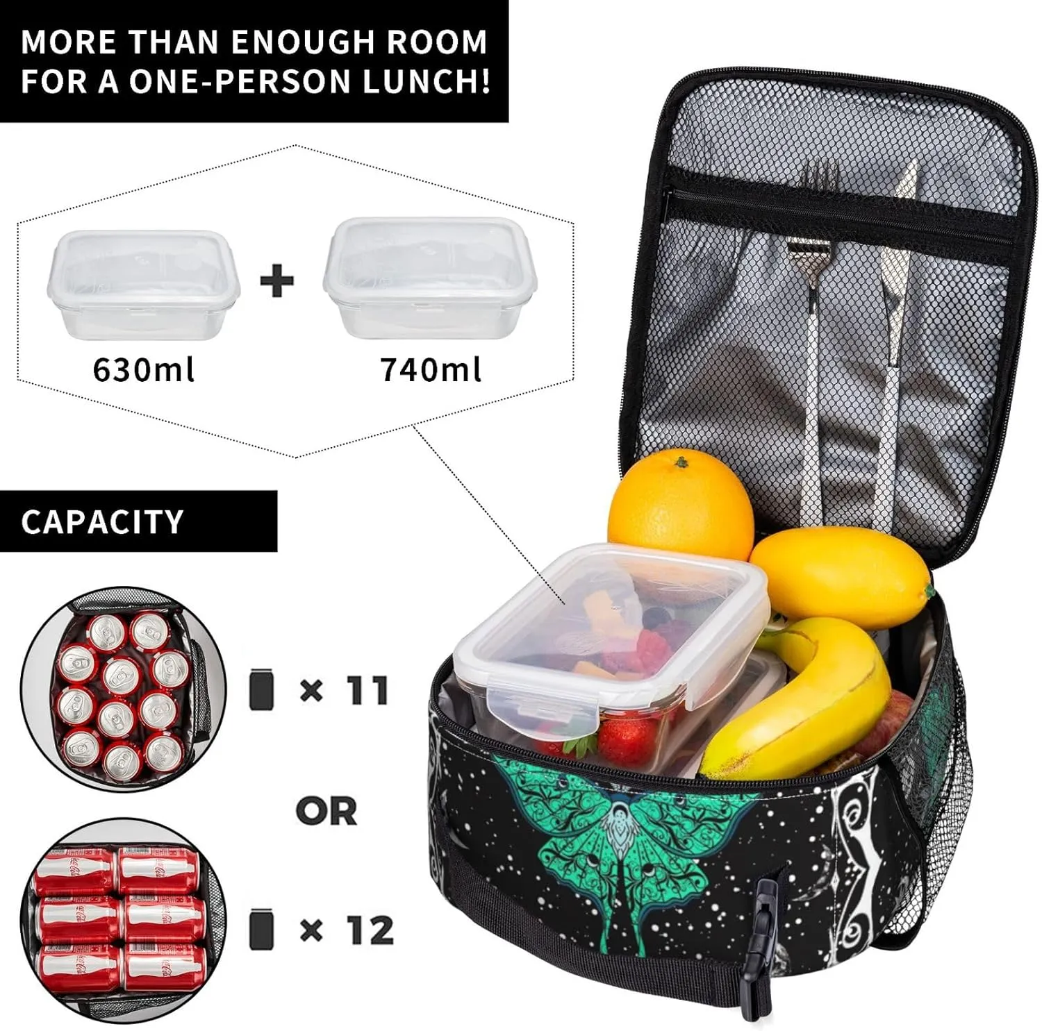 Moth Moon Phase Witchy Psychedelic Eyes Moon Stars Insulated Lunch Bag Portable Reusable Zipper Lunch Box For Men Women Work Picnic Travel Camping