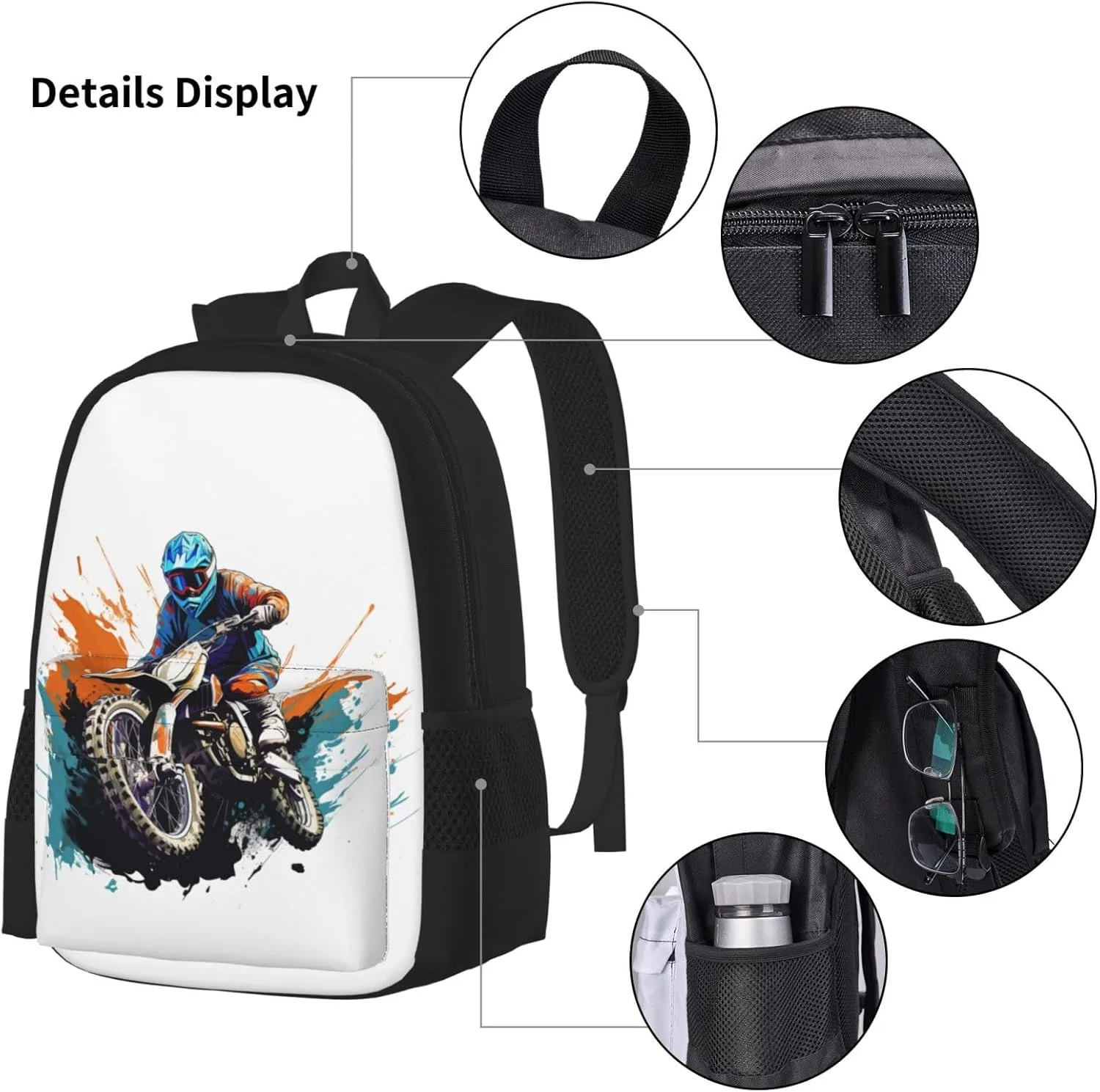 Motocross Dirt Bike Racing Flying Jump Multifunctional Pocket Backpack Crossbody Lunch Bag Pencil Case 3Pcs Set Large Capacity Backpack