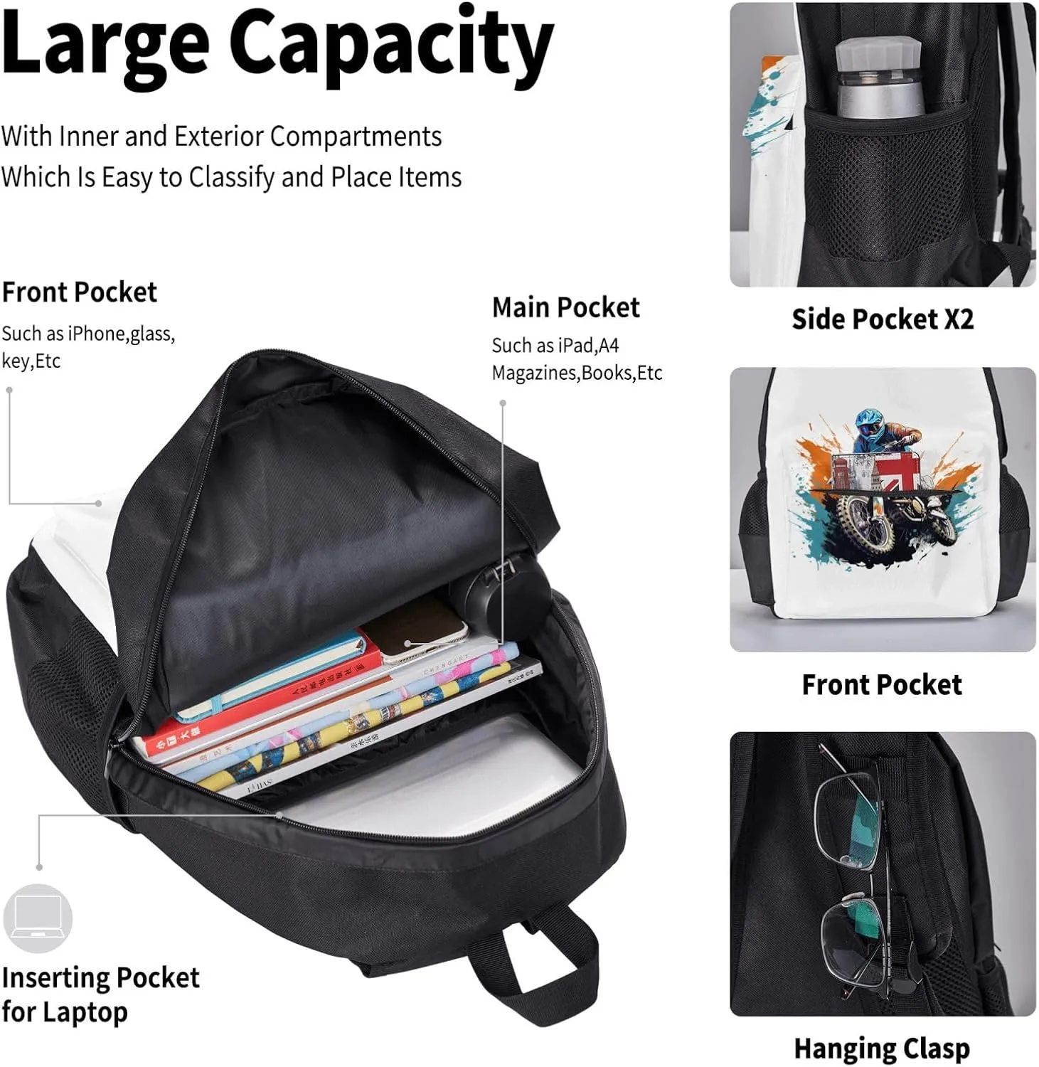 Motocross Dirt Bike Racing Flying Jump Multifunctional Pocket Backpack Crossbody Lunch Bag Pencil Case 3Pcs Set Large Capacity Backpack