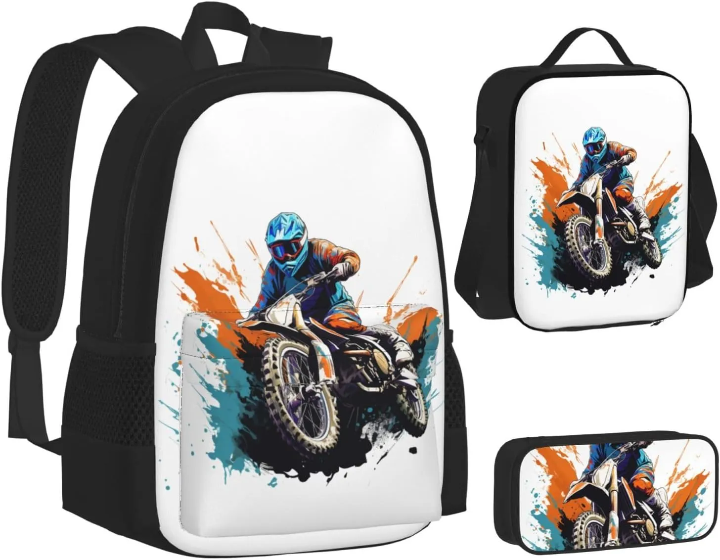 Motocross Dirt Bike Racing Flying Jump Multifunctional Pocket Backpack Crossbody Lunch Bag Pencil Case 3Pcs Set Large Capacity Backpack