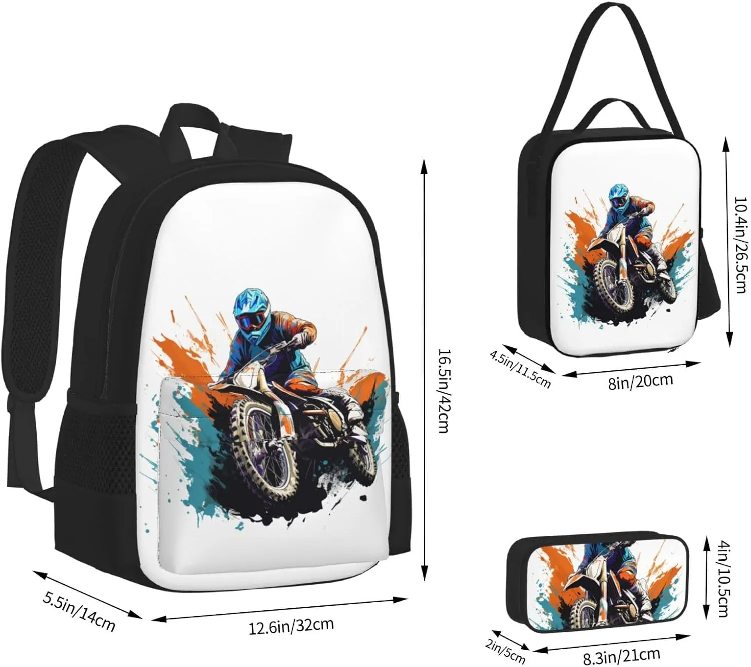 Motocross Dirt Bike Racing Flying Jump Multifunctional Pocket Backpack Crossbody Lunch Bag Pencil Case 3Pcs Set Large Capacity Backpack