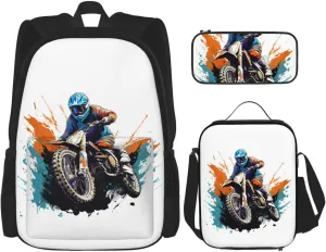 Motocross Dirt Bike Racing Flying Jump Multifunctional Pocket Backpack Crossbody Lunch Bag Pencil Case 3Pcs Set Large Capacity Backpack