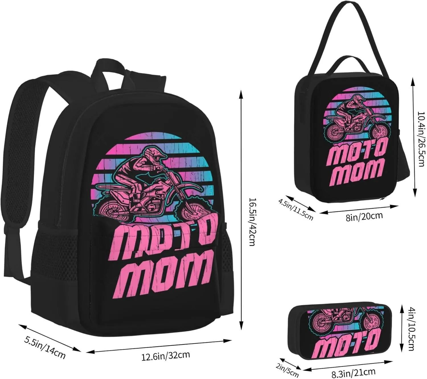Motocross Mom Dirt Bike Lovers Moto Mom Multifunctional Pocket Backpack Crossbody Lunch Bag Pencil Case 3Pcs Set Large Capacity Backpack
