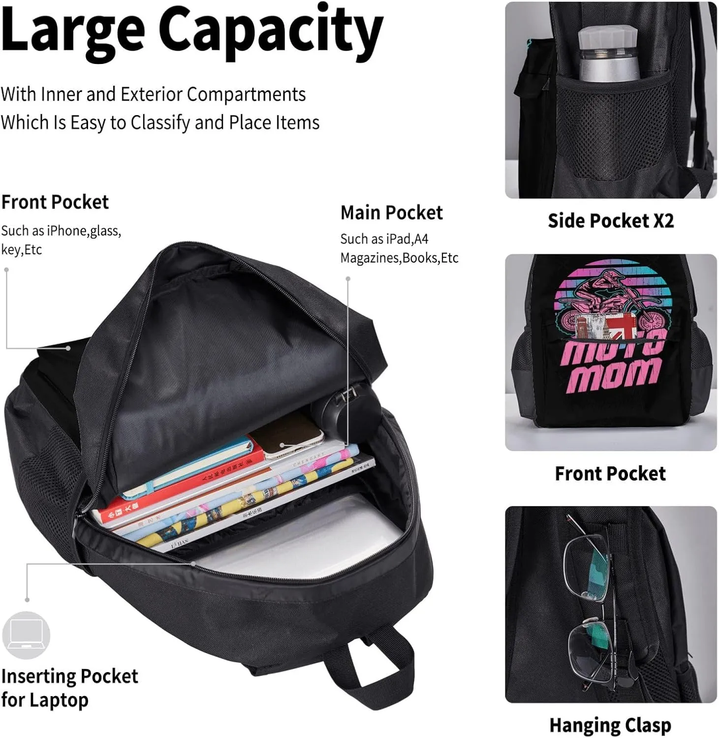 Motocross Mom Dirt Bike Lovers Moto Mom Multifunctional Pocket Backpack Crossbody Lunch Bag Pencil Case 3Pcs Set Large Capacity Backpack