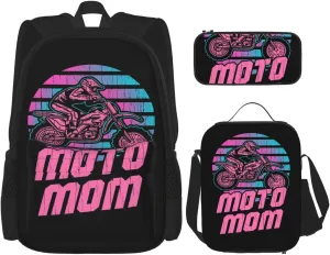 Motocross Mom Dirt Bike Lovers Moto Mom Multifunctional Pocket Backpack Crossbody Lunch Bag Pencil Case 3Pcs Set Large Capacity Backpack