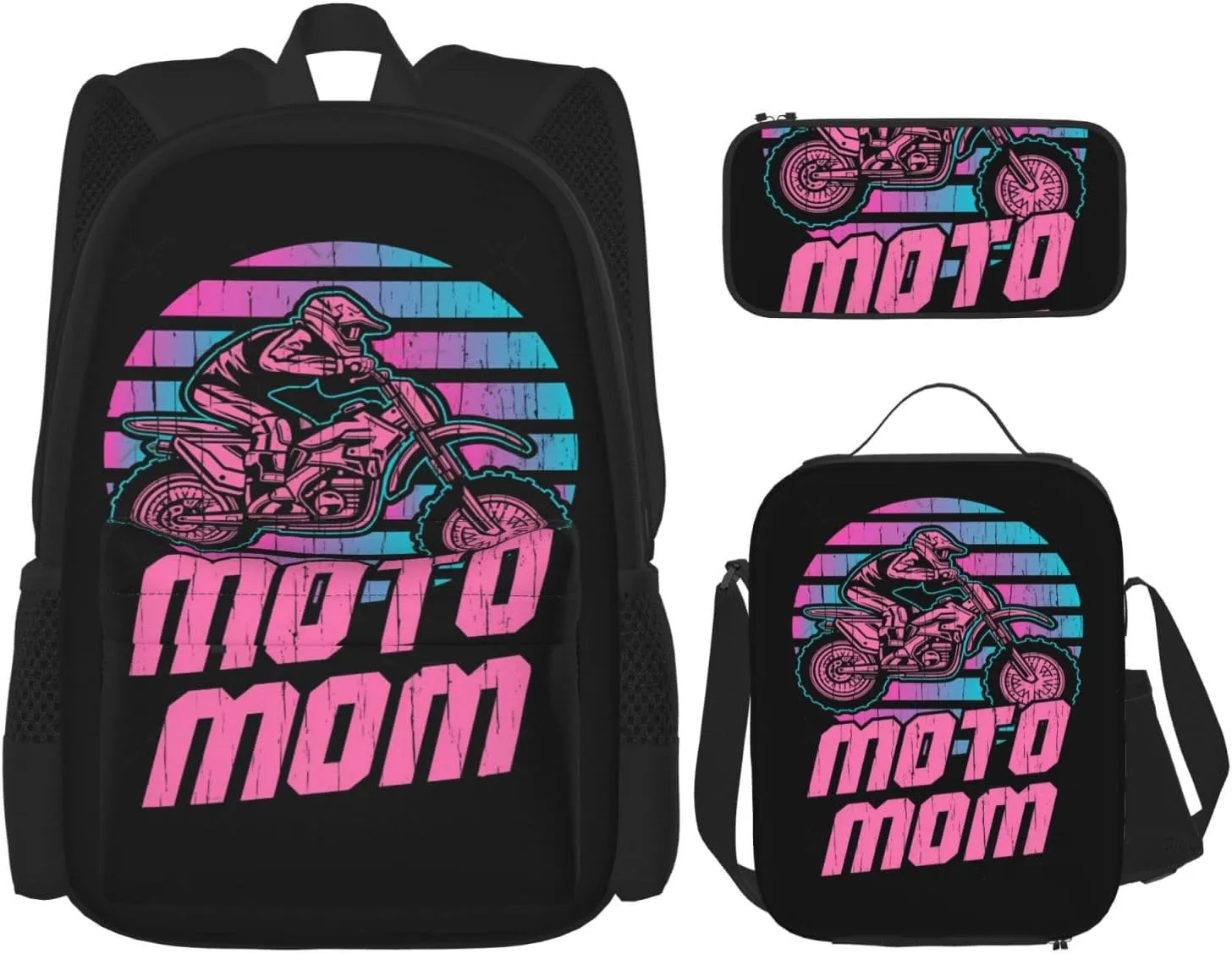 Motocross Mom Dirt Bike Lovers Moto Mom Multifunctional Pocket Backpack Crossbody Lunch Bag Pencil Case 3Pcs Set Large Capacity Backpack