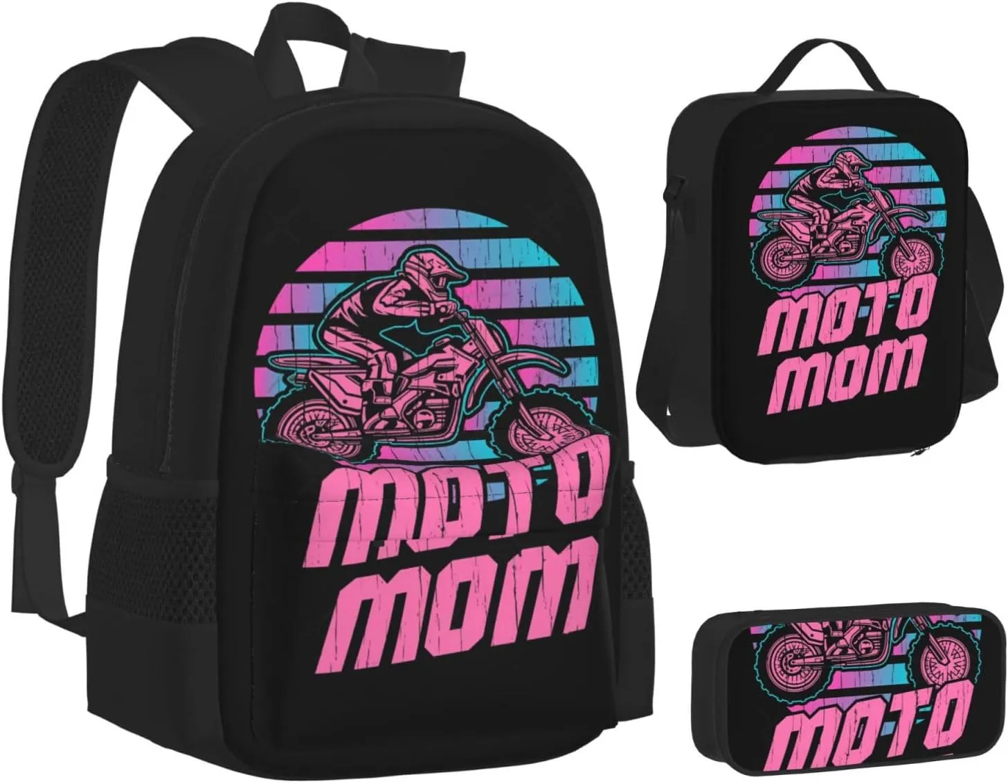 Motocross Mom Dirt Bike Lovers Moto Mom Multifunctional Pocket Backpack Crossbody Lunch Bag Pencil Case 3Pcs Set Large Capacity Backpack