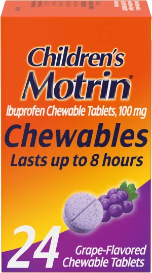 Motrin Children's Chewable Tablets with Ibuprofen, Kids' Fever Reducer & Pain Reliever for Sore Throat, Fever, Toothache & Pain Relief, Grape Flavor, 24 Ct