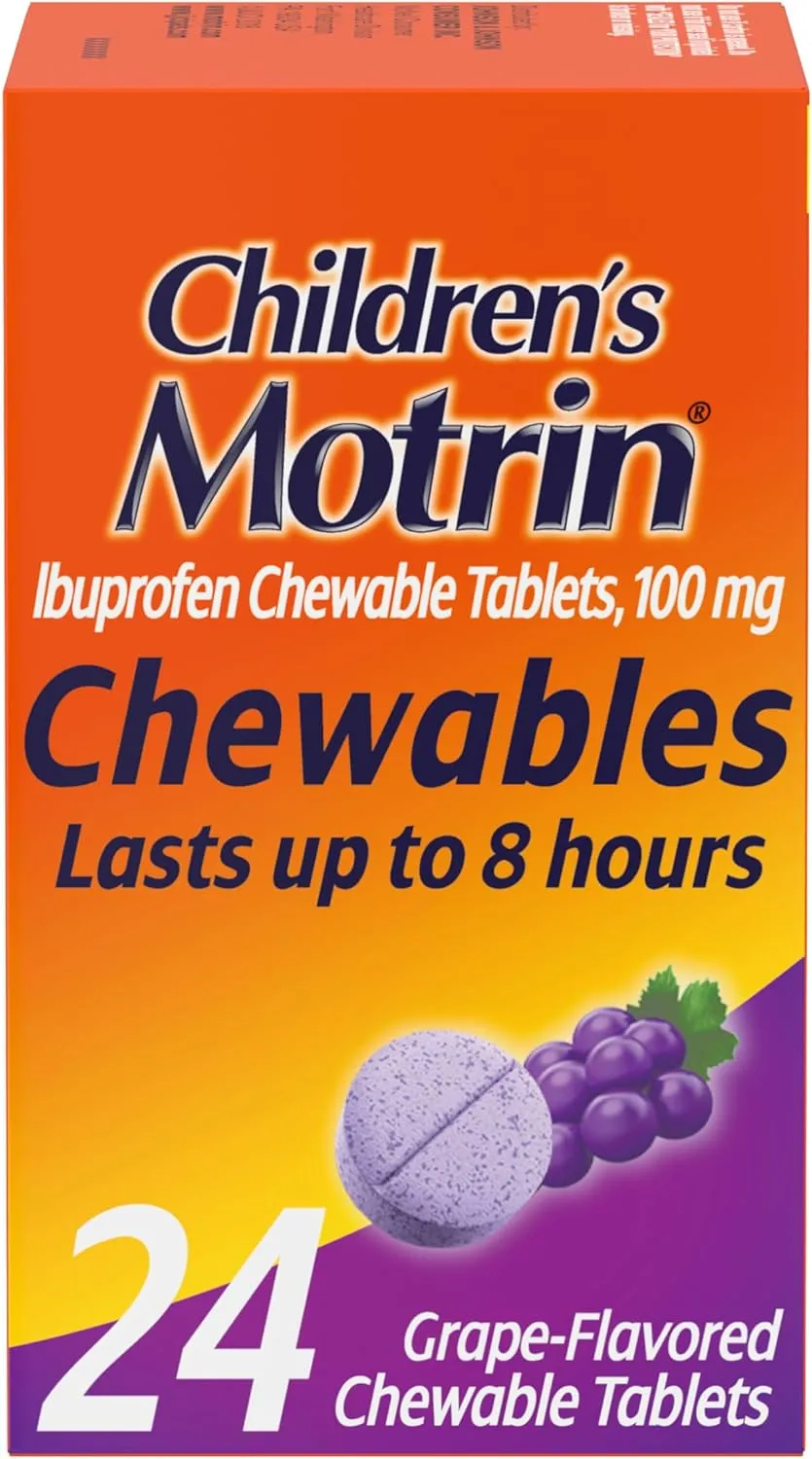 Motrin Children's Chewable Tablets with Ibuprofen, Kids' Fever Reducer & Pain Reliever for Sore Throat, Fever, Toothache & Pain Relief, Grape Flavor, 24 Ct