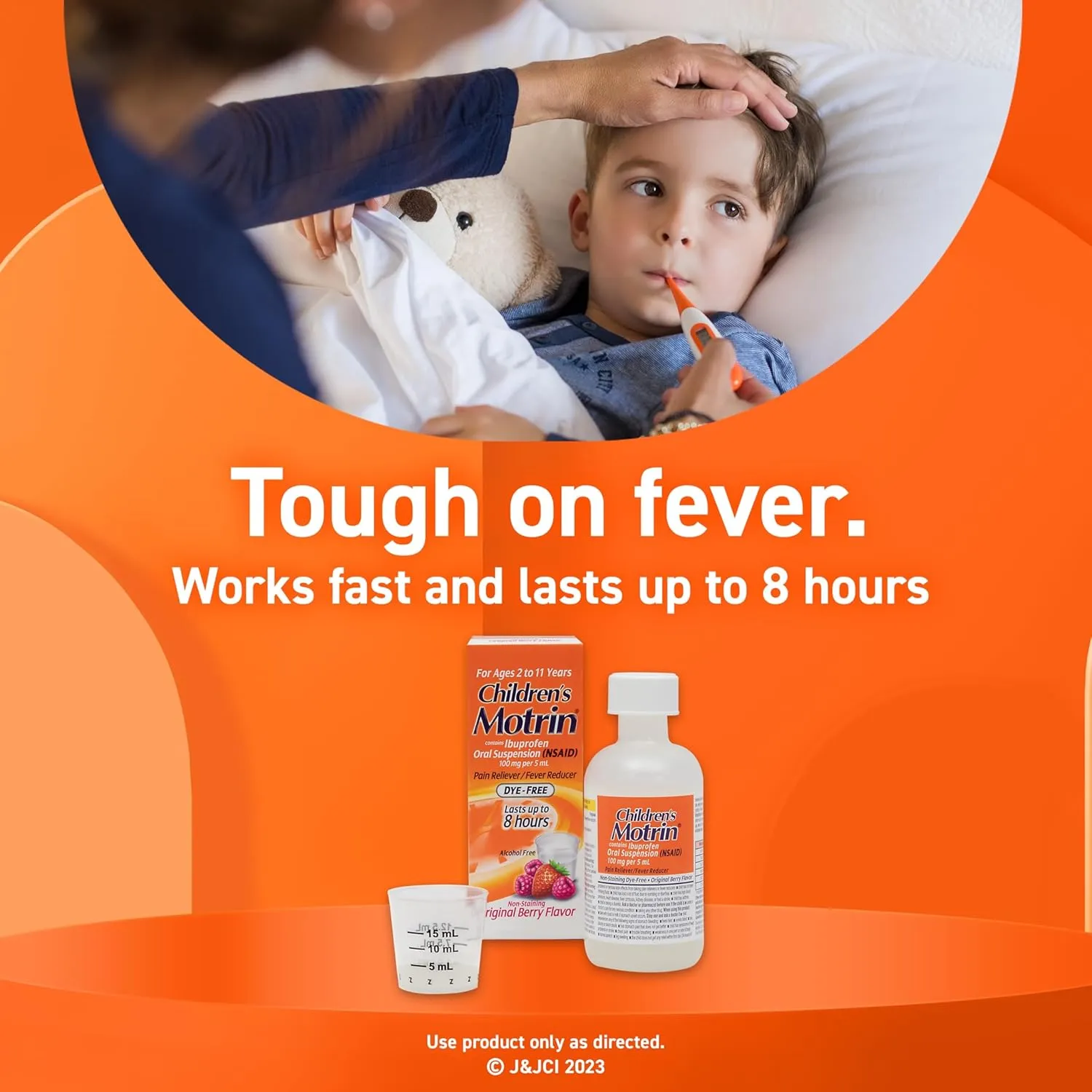 Motrin Children's Oral Suspension 100mg Ibuprofen Medicine, NSAID Fever Reducer & Pain Reliever for Minor Aches & Pains Due to Cold & Flu, Dye Free, Alcohol-Free, Berry Flavored, 8 fl. oz