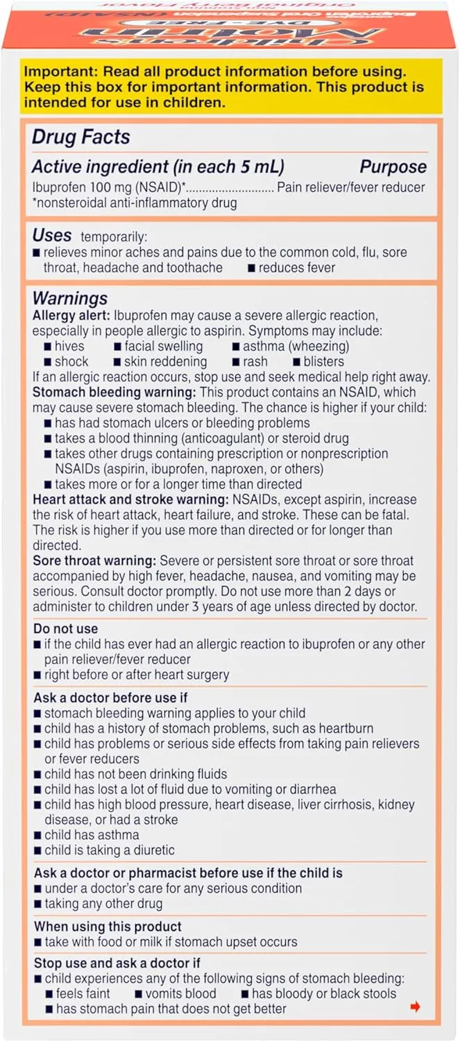 Motrin Children's Oral Suspension 100mg Ibuprofen Medicine, NSAID Fever Reducer & Pain Reliever for Minor Aches & Pains Due to Cold & Flu, Dye Free, Alcohol-Free, Berry Flavored, 8 fl. oz