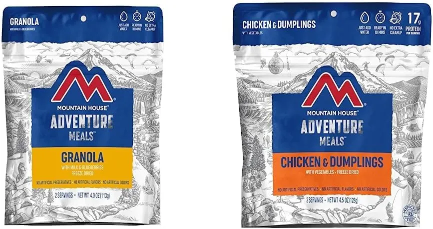 Mountain House Granola with Milk & Blueberries | Freeze Dried Backpacking & Camping Food | 2 Servings and Mountain House Chicken & Dumplings | Freeze Dried Backpacking & Camping Food |2 Servings Bundle