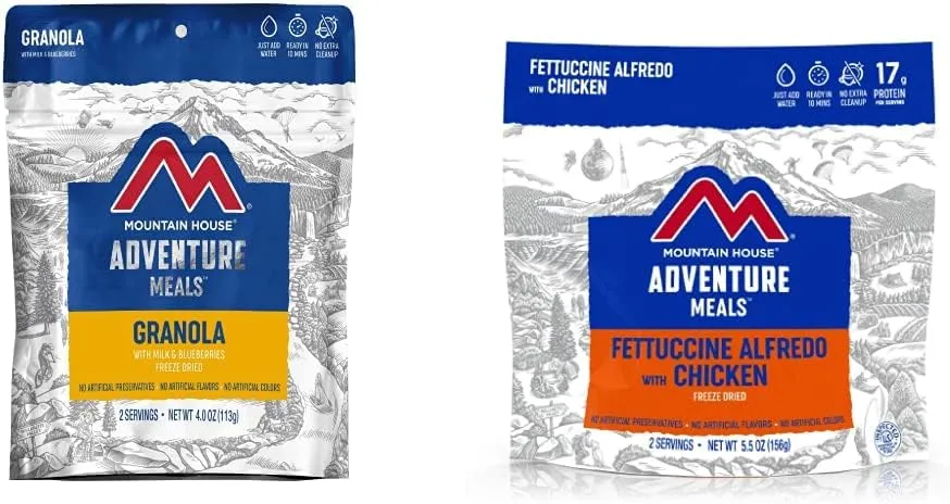Mountain House Granola with Milk & Blueberries   Mountain House Fettuccine Alfredo with Chicken | Freeze Dried Backpacking & Camping Food Bundles | 2 Servings Each