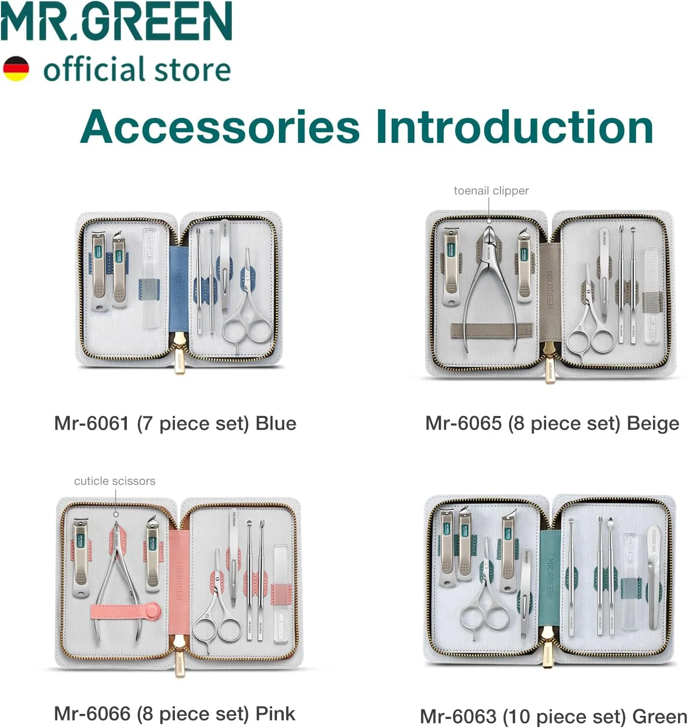 MR.GREEN Fashion Imprint Manicure Sets Professional Nail Clipper Set Personal Care Tool Kits Nial Cutter Gift With Leather Case (Green(10Pcs Set))