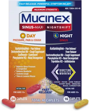 Mucinex Sinus-Max Day Pressure, Pain & Cough & Nightshift Night Sinus Medicine for Adults, Day/Night Combo Pack for Sore Throat Relief, Nasal Congestion Relief, Cough & Cold Medicines, 40 Caplets