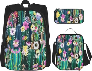 Multi Functional Blooming Cactus Print Backpack Set With Lunch Bag And Pencil Case,Leisure,Fashion