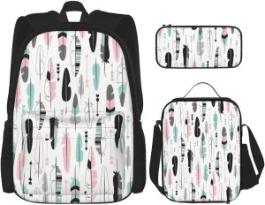 Multi Functional Feather Print Backpack Set With Lunch Bag And Pencil Case,Leisure,Fashion