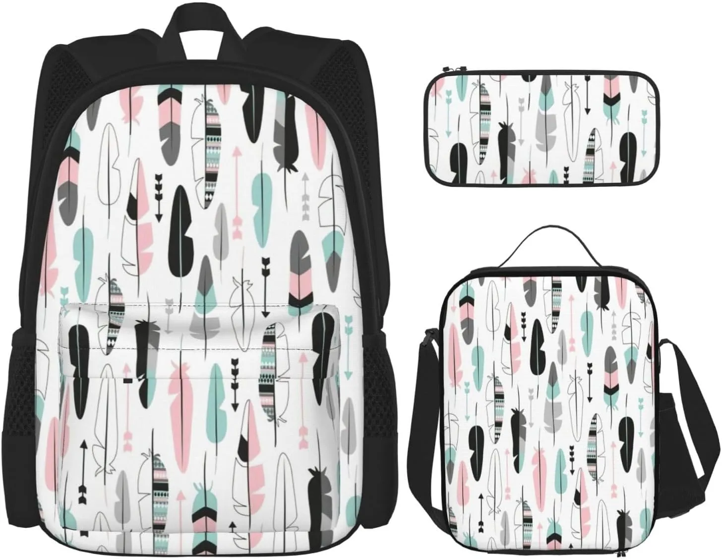 Multi Functional Feather Print Backpack Set With Lunch Bag And Pencil Case,Leisure,Fashion