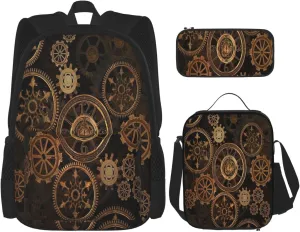 Multi Functional Gears Clock Bronze Century Print Backpack Set With Lunch Bag And Pencil Case,Leisure,Fashion