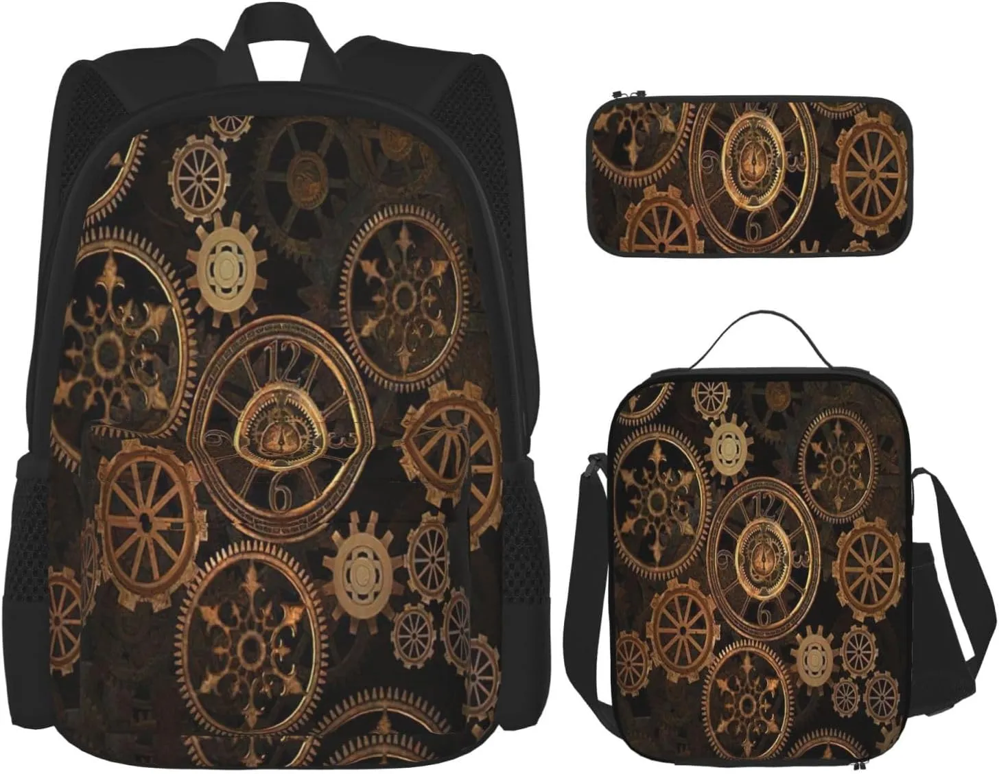 Multi Functional Gears Clock Bronze Century Print Backpack Set With Lunch Bag And Pencil Case,Leisure,Fashion