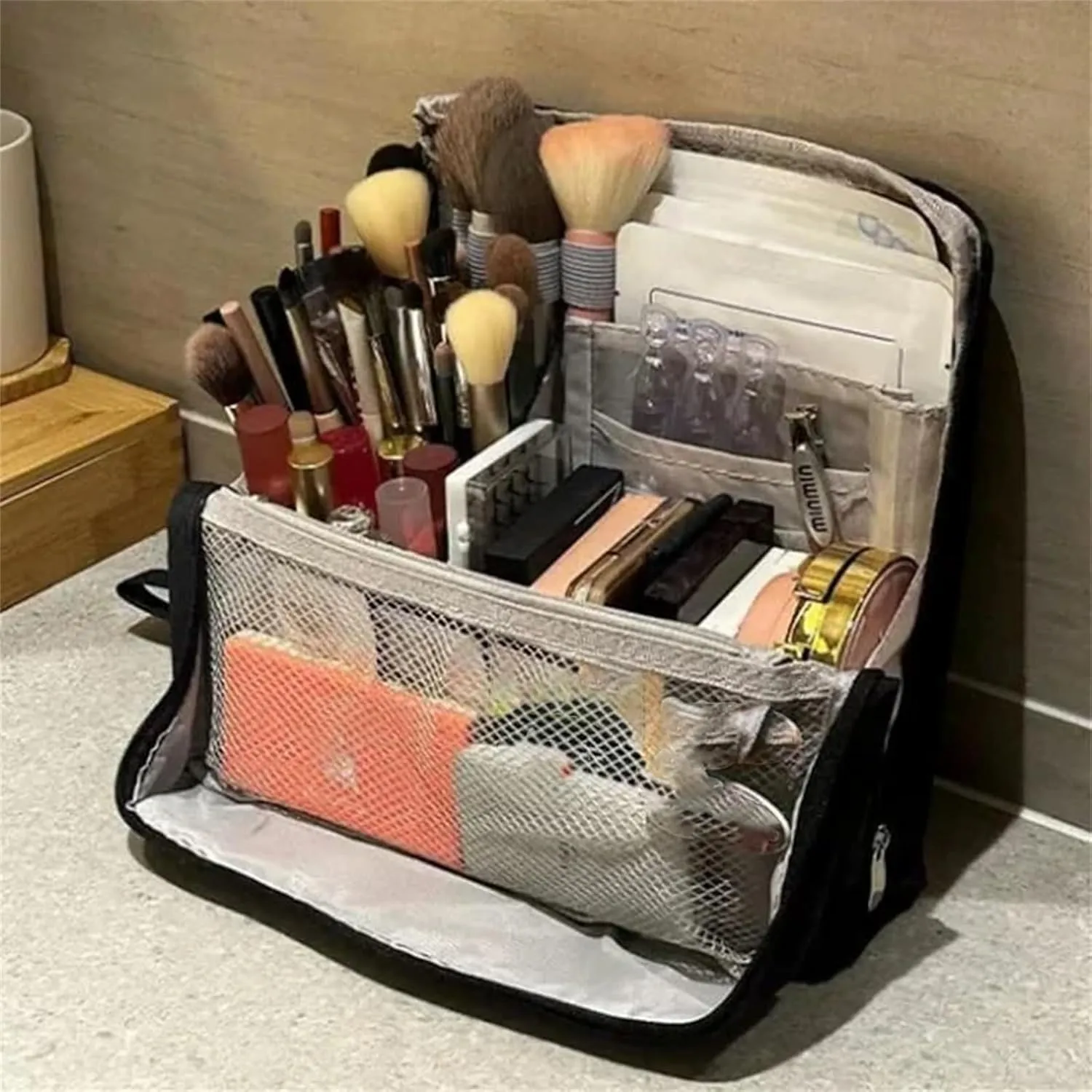 Multi-purpose Large Capacity Oxford Cloth Standing Makeup Bag, Travel Waterproof Makeup Organizer with Compartments, Portable Toiletry Bag for Women and Men (Gray)