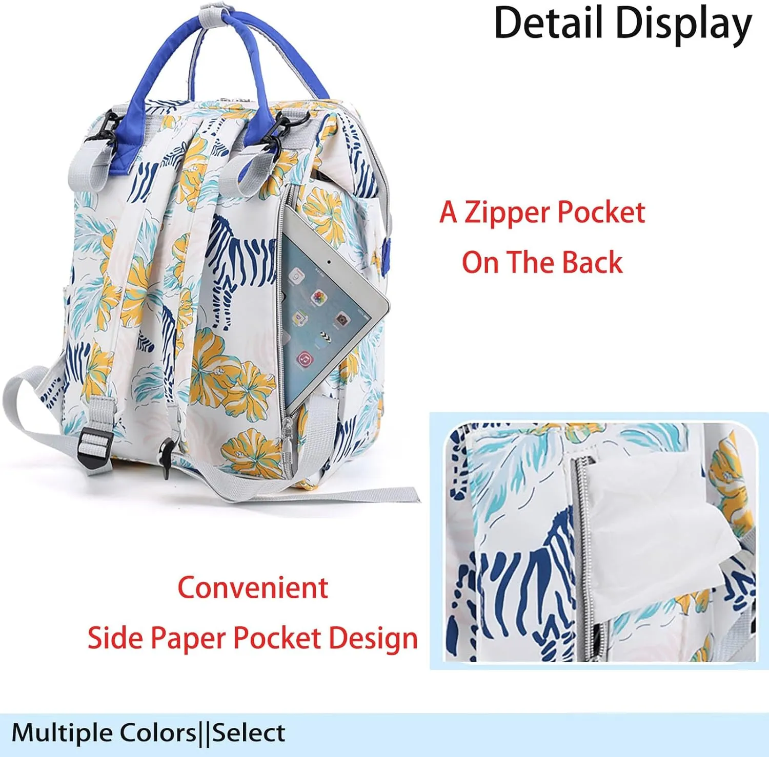 MultiFunction Baby Diaper Bag Backpack Anti Theft Travel Bag with Insulated Pockets Convenient Side Tissue Pocket (White Blue Bird)