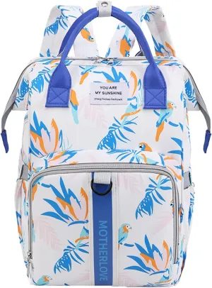 MultiFunction Baby Diaper Bag Backpack Anti Theft Travel Bag with Insulated Pockets Convenient Side Tissue Pocket (White Blue Bird)