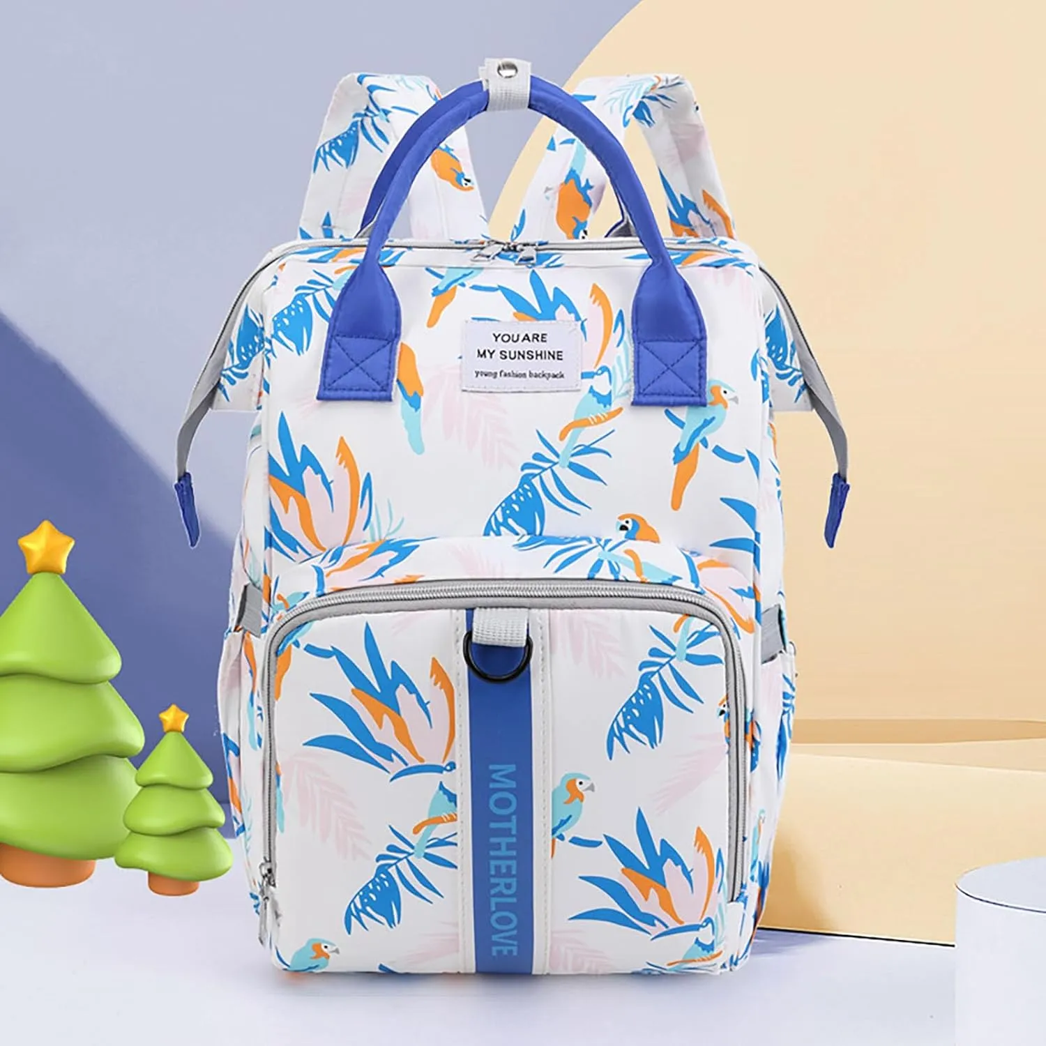 MultiFunction Baby Diaper Bag Backpack Anti Theft Travel Bag with Insulated Pockets Convenient Side Tissue Pocket (White Blue Bird)