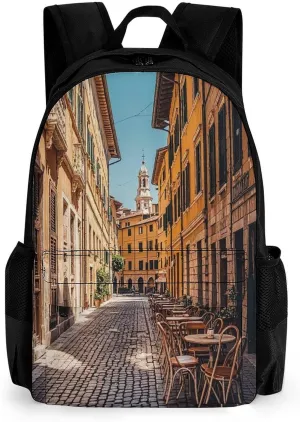 Multifunctional Printed Travel Backpack for Men And Women Large Capacity Old Courtyard Cafe Chair City, Rome, Italy Camping Carry-On Bag Lightweight And Fashionable Laptop Backpack