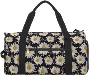 Music Notes Daisies on Black Water Resistant Gym Bag with Shoe Compartment, Travel Duffel Tote Bag Weekender Overnight Bag for Women Men