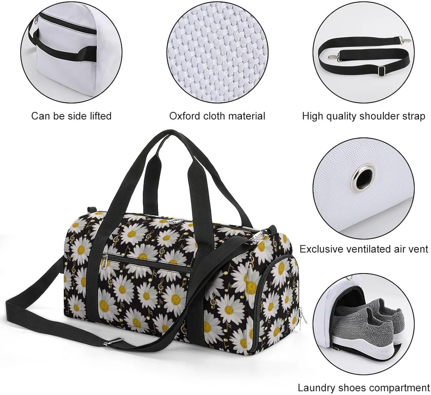 Music Notes Daisies on Black Water Resistant Gym Bag with Shoe Compartment, Travel Duffel Tote Bag Weekender Overnight Bag for Women Men
