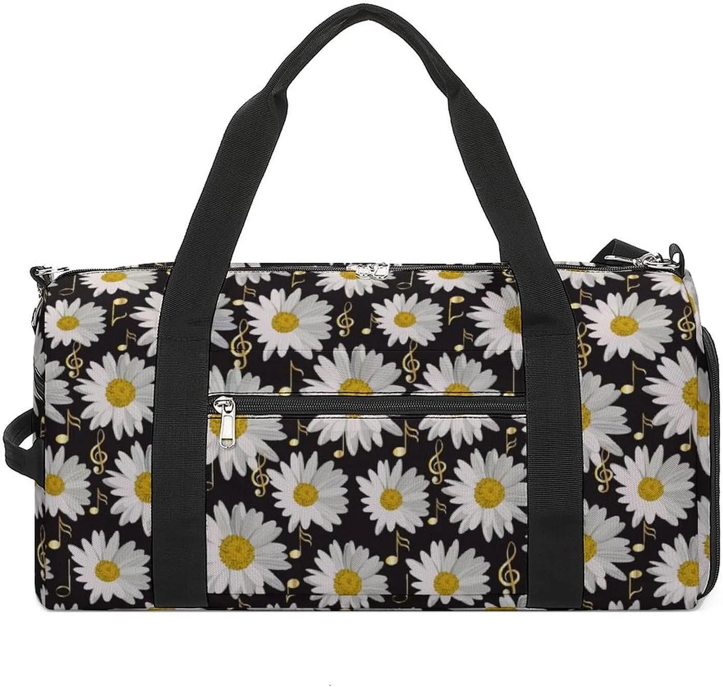 Music Notes Daisies on Black Water Resistant Gym Bag with Shoe Compartment, Travel Duffel Tote Bag Weekender Overnight Bag for Women Men
