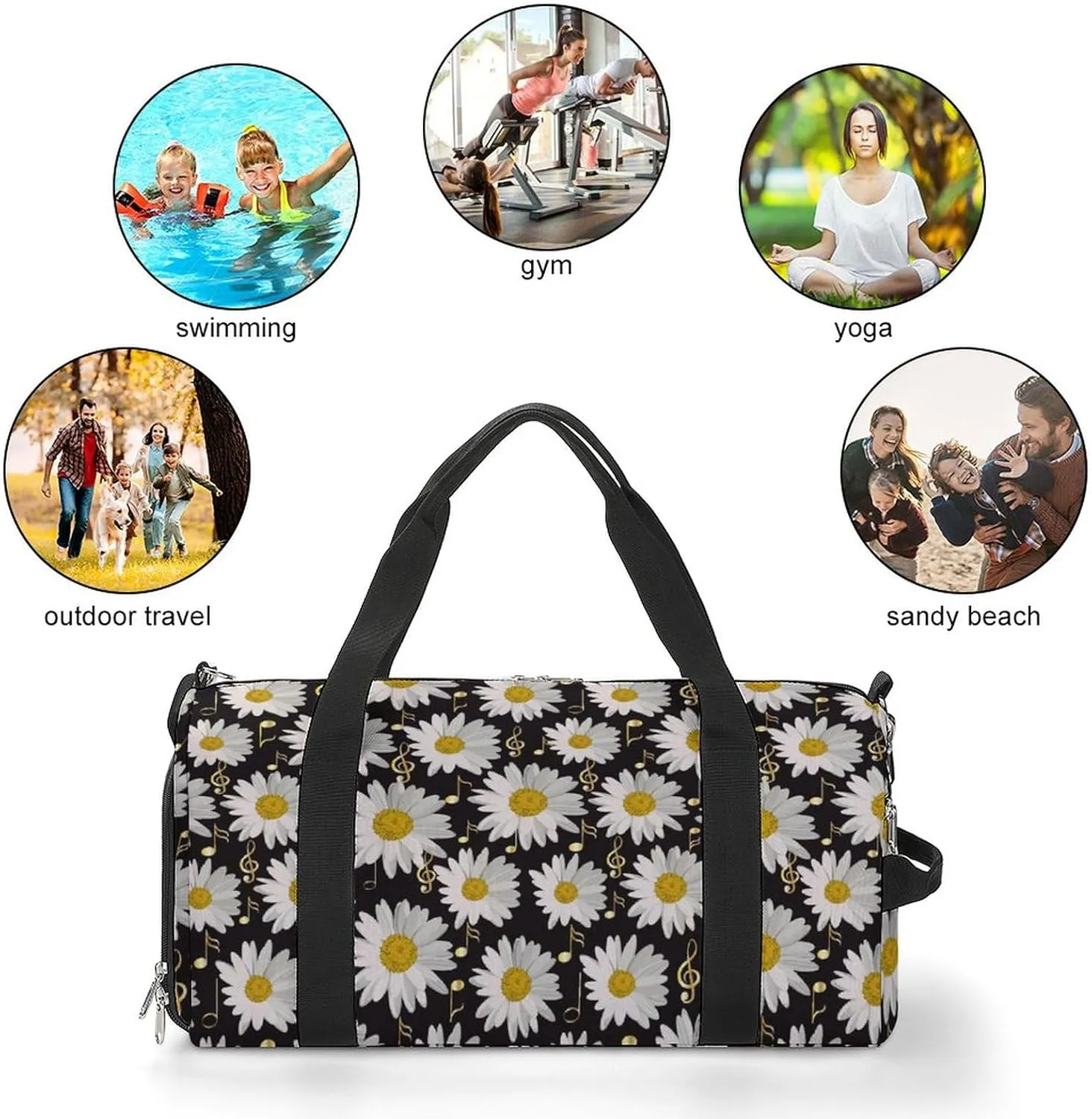 Music Notes Daisies on Black Water Resistant Gym Bag with Shoe Compartment, Travel Duffel Tote Bag Weekender Overnight Bag for Women Men