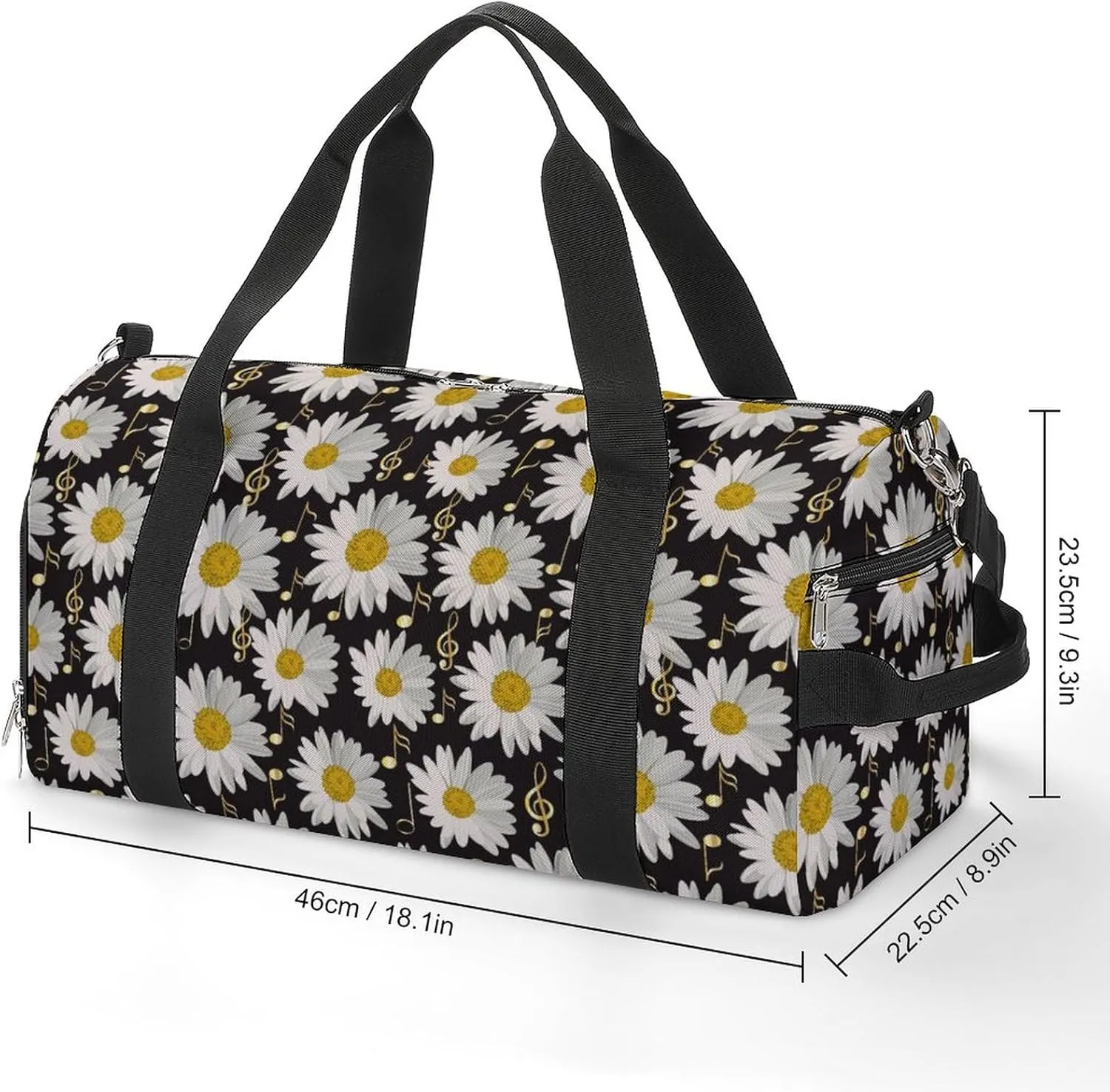 Music Notes Daisies on Black Water Resistant Gym Bag with Shoe Compartment, Travel Duffel Tote Bag Weekender Overnight Bag for Women Men