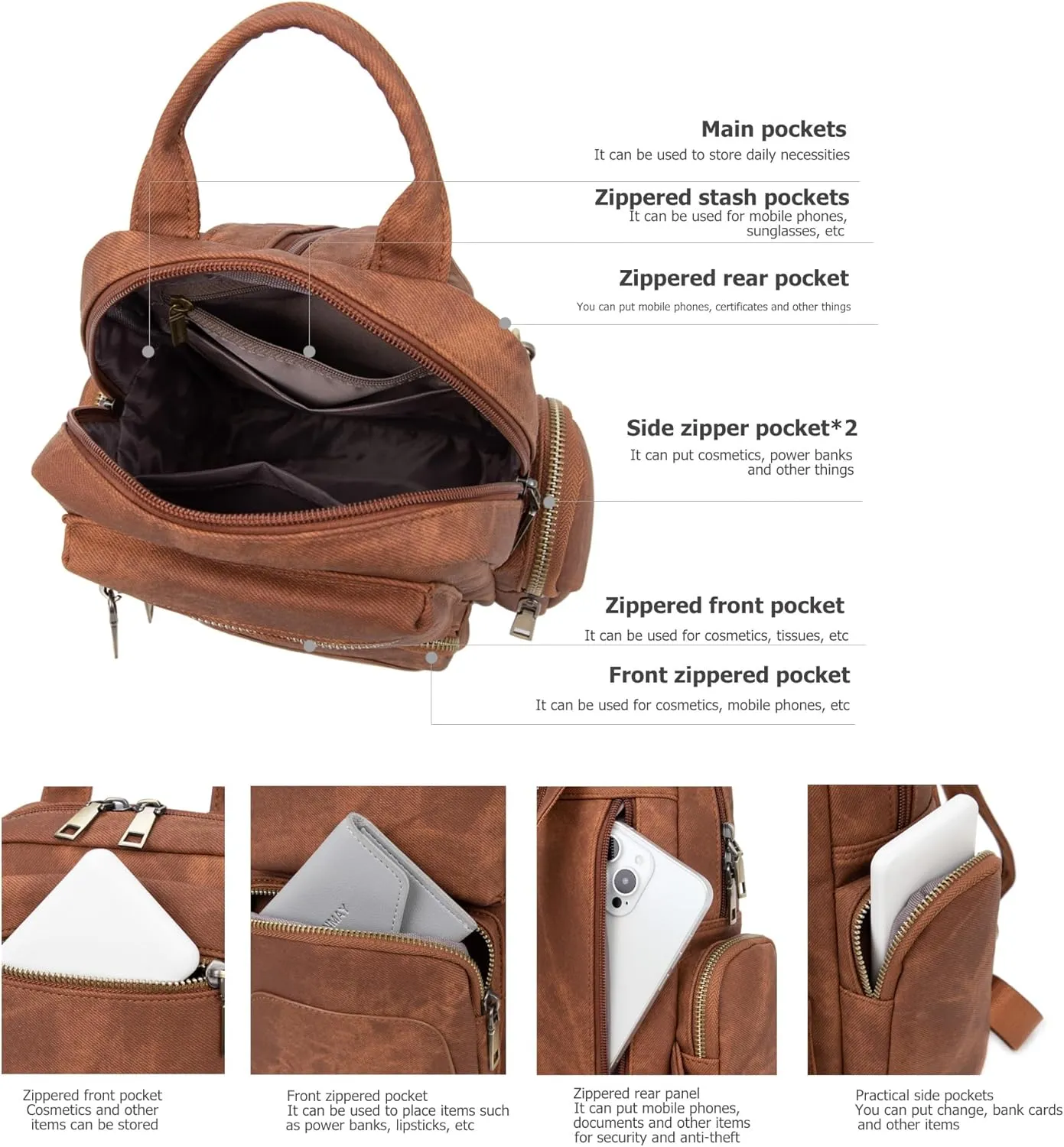 myfriday Vintage Backpack Purse for Women Ladies Leather Sling Backpack Purse Designer Convertible Travel Backpack (Caramel)