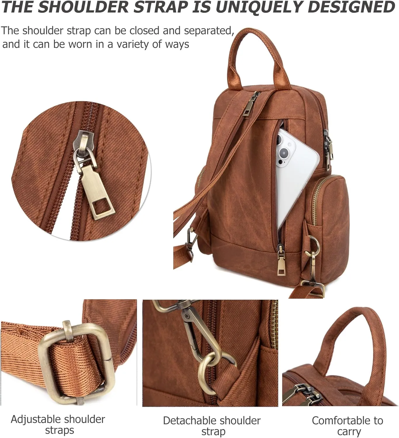 myfriday Vintage Backpack Purse for Women Ladies Leather Sling Backpack Purse Designer Convertible Travel Backpack (Caramel)