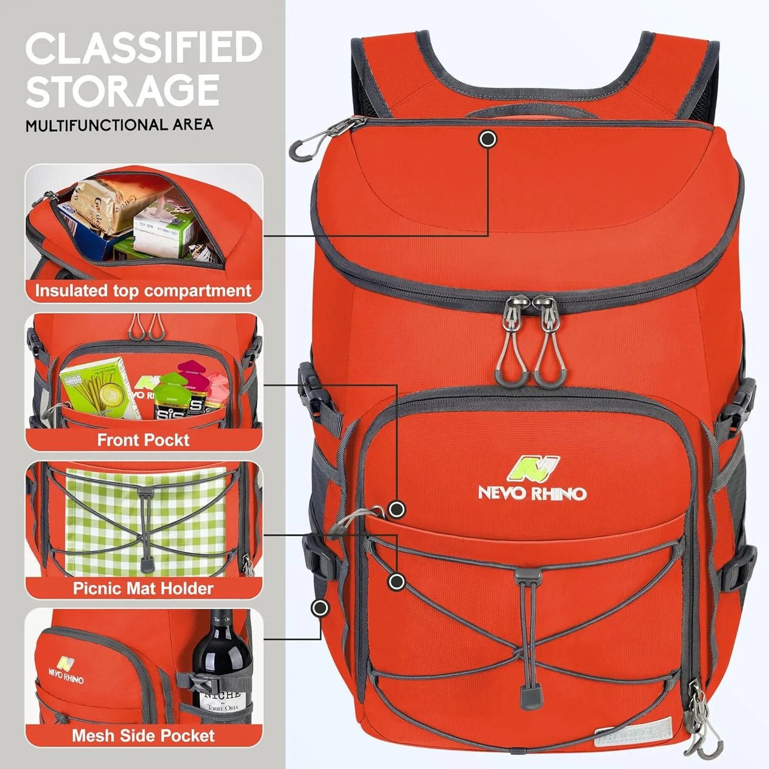 N NEVO RHINO Insulated Backpack Cooler - 36/54 Can Capacity, Waterproof Leak-Proof Lightweight Multi-Functional & Spacious， Ideal for Camping, Travel, Beach, Picnics， Lunch & Day Trips