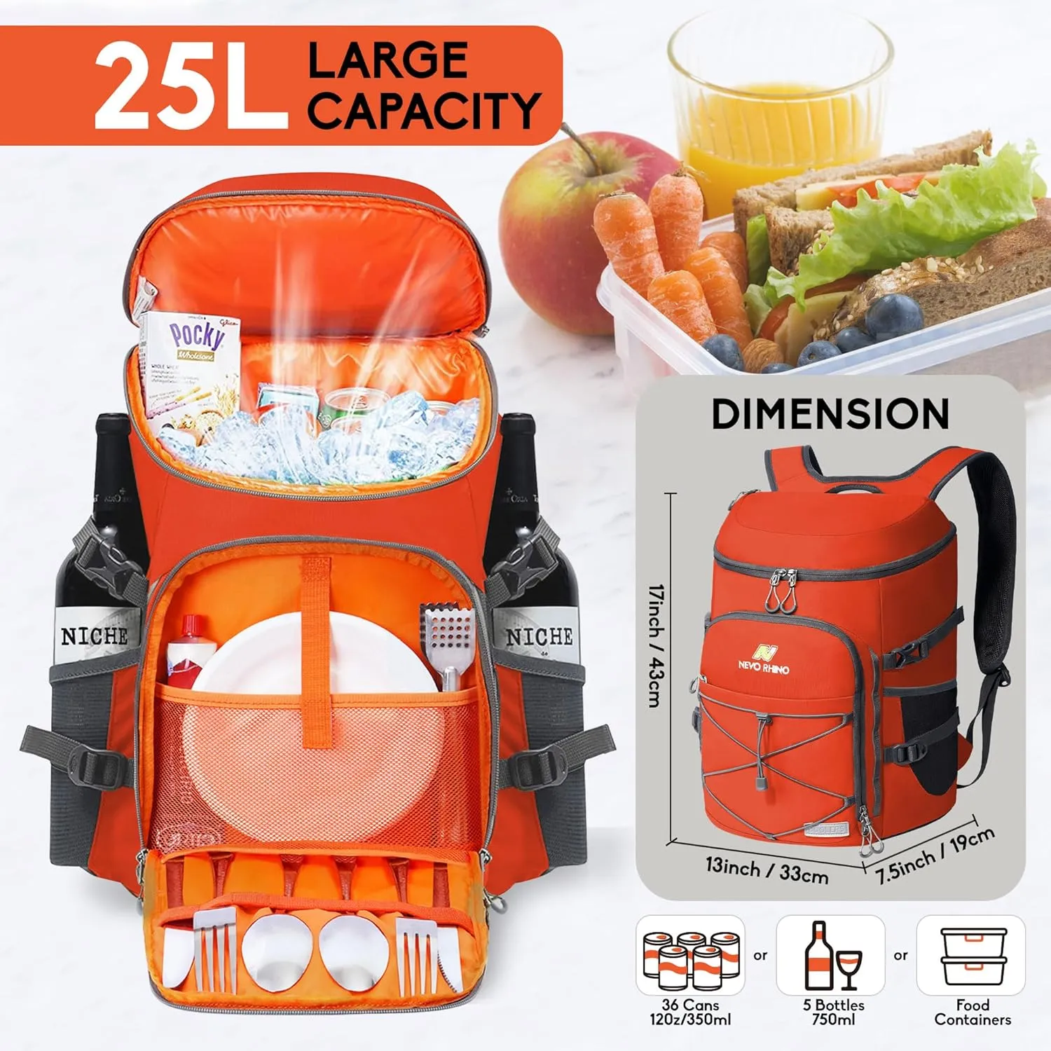 N NEVO RHINO Insulated Backpack Cooler - 36/54 Can Capacity, Waterproof Leak-Proof Lightweight Multi-Functional & Spacious， Ideal for Camping, Travel, Beach, Picnics， Lunch & Day Trips